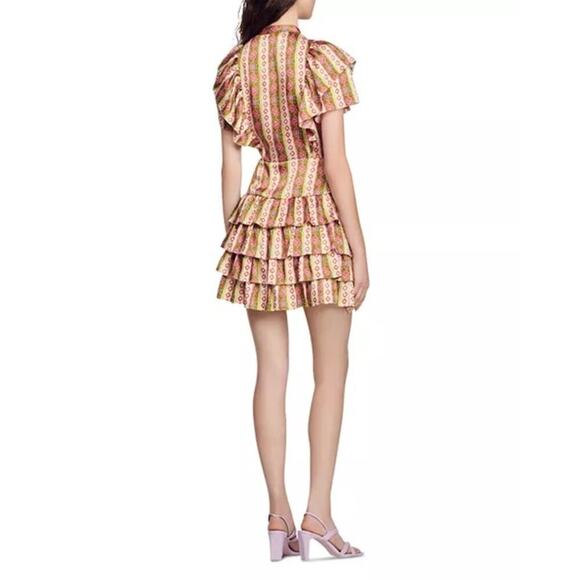 Sandro Simmona Floral Striped Tiered Mini Dress Size 40 - Picture 2 of 7